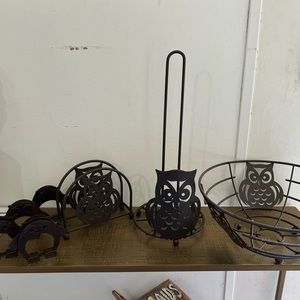 Owl bowl, napkin holder, paper towel holder.